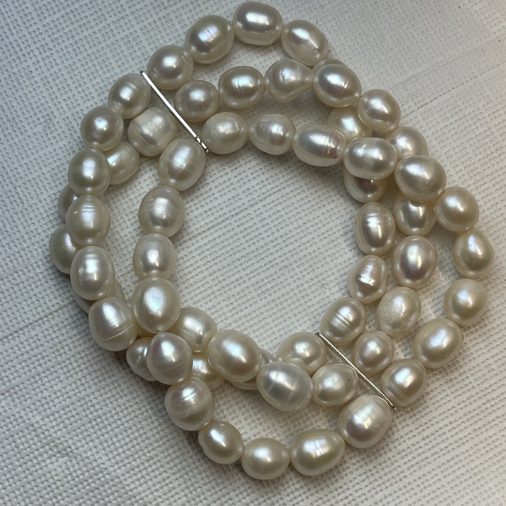 3 Strand Freshwater Cultured Pearl Stretch Bracelet 925 Sterling Silver Spacers